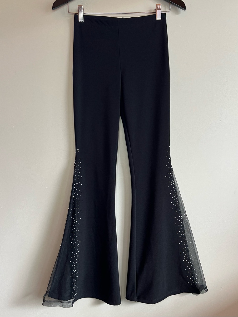 Women’s Black Rhinestone Mesh Flare Pants Bell Bottom Stretch Size XS/S Y2K